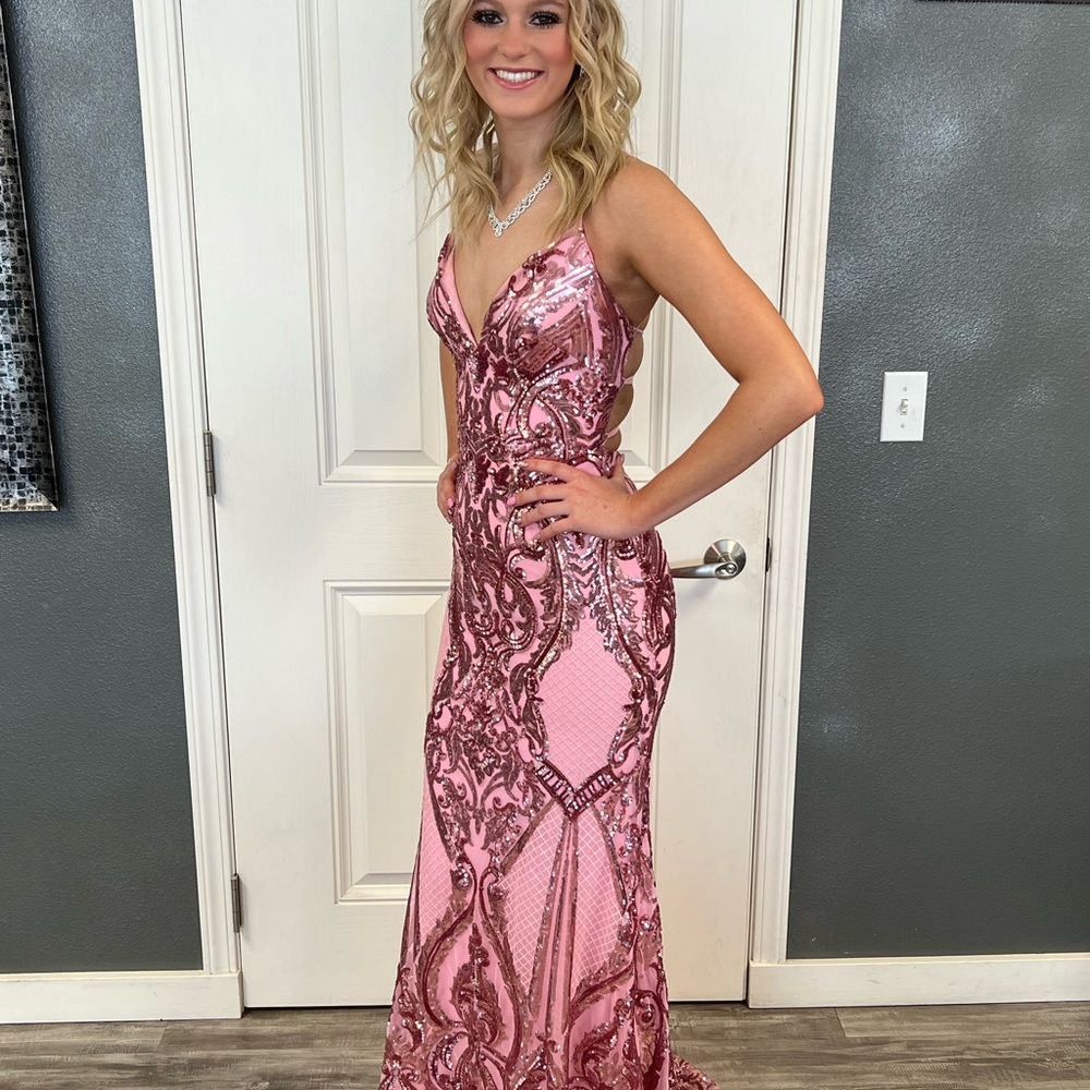 Mori Lee Pink Sequined Prom Dress - Picture 2 of 8